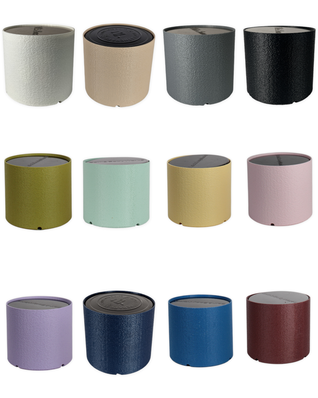 12 color options for The Candle Hearth 3 wick candle cover by Leafprints 3d, displayed in a 3x4 grid in White, Beige, Grey, Black, Bamboo, Sage, Buttercup, Peony, Lilac, Navy, Sapphire Blue, and Oxblood.