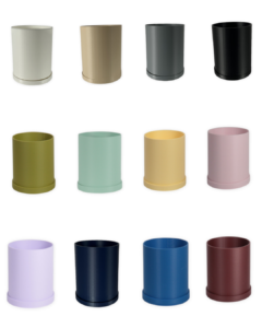 12 color options for The Pebble 2 inch eco-friendly planter by Leafprints 3d, displayed in a 3x4 grid in White, Beige, Grey, Black, Bamboo, Sage, Buttercup, Peony, Lilac, Navy, Sapphire Blue, and Oxblood.