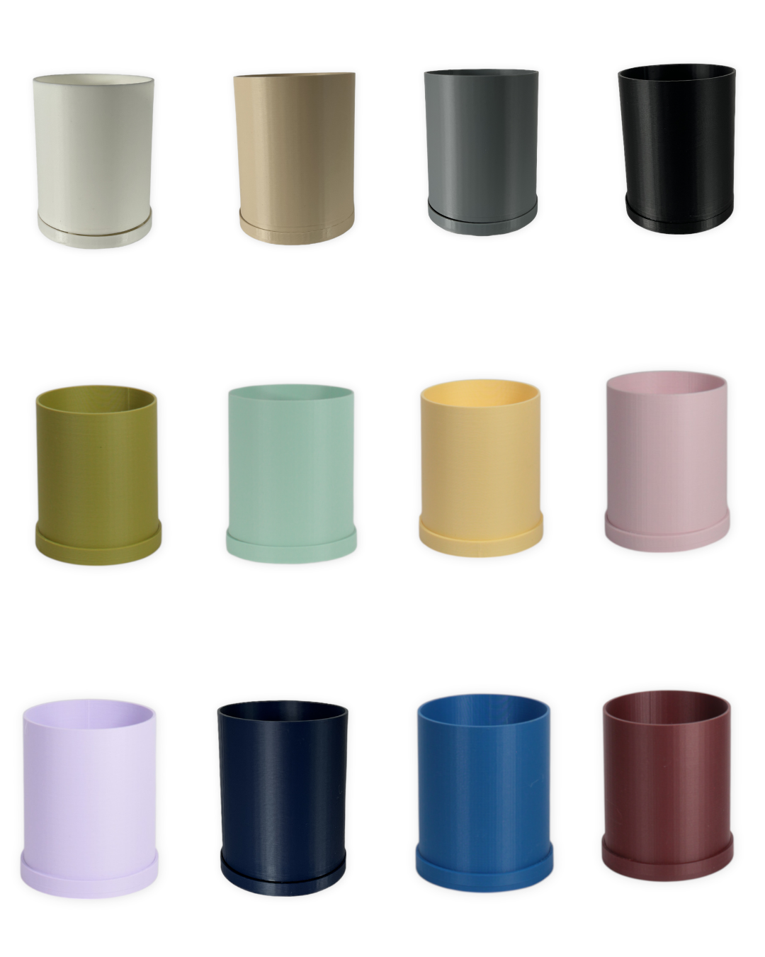 12 color options for The Pebble 2 inch eco-friendly planter by Leafprints 3d, displayed in a 3x4 grid in White, Beige, Grey, Black, Bamboo, Sage, Buttercup, Peony, Lilac, Navy, Sapphire Blue, and Oxblood.