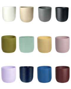 12 color options for The Moss 4 inch eco-friendly planter by Leafprints 3d, displayed in a 3x4 grid in White, Beige, Grey, Black, Bamboo, Sage, Buttercup, Peony, Lilac, Navy, Sapphire Blue, and Oxblood.