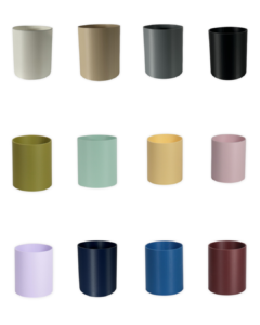 12 color options for The Pebble 2 inch eco-friendly planter by Leafprints 3d, displayed in a 3x4 grid in White, Beige, Grey, Black, Bamboo, Sage, Buttercup, Peony, Lilac, Navy, Sapphire Blue, and Oxblood.