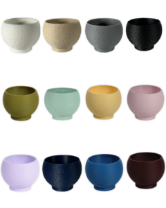 12 color options for The Petal 2 inch eco-friendly planter by Leafprints 3d, displayed in a 3x4 grid in White, Beige, Grey, Black, Bamboo, Sage, Buttercup, Peony, Lilac, Navy, Sapphire Blue, and Oxblood.