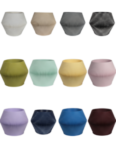 12 color options for The Alder 4 inch eco-friendly planter by Leafprints 3d, displayed in a 3x4 grid in White, Beige, Grey, Black, Bamboo, Sage, Buttercup, Peony, Lilac, Navy, Sapphire Blue, and Oxblood.