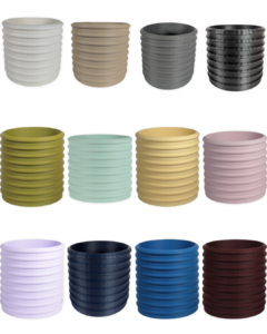 12 color options for The Carob inch eco-friendly planter by Leafprints 3d, displayed in a 3x4 grid in White, Beige, Grey, Black, Bamboo, Sage, Buttercup, Peony, Lilac, Navy, Sapphire Blue, and Oxblood.