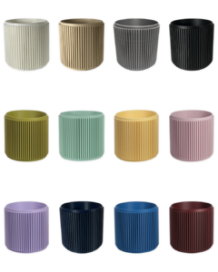 12 color options for The Willow 4 inch eco-friendly planter by Leafprints 3d, displayed in a 3x4 grid in White, Beige, Grey, Black, Bamboo, Sage, Buttercup, Peony, Lilac, Navy, Sapphire Blue, and Oxblood.