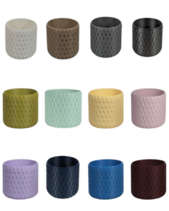 12 color options for The Bud 4 inch eco-friendly planter by Leafprints 3d, displayed in a 3x4 grid in White, Beige, Grey, Black, Bamboo, Sage, Buttercup, Peony, Lilac, Navy, Sapphire Blue, and Oxblood.
