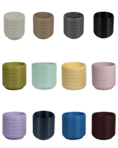 12 color options for The Bud 4 inch eco-friendly planter by Leafprints 3d, displayed in a 3x4 grid in White, Beige, Grey, Black, Bamboo, Sage, Buttercup, Peony, Lilac, Navy, Sapphire Blue, and Oxblood.