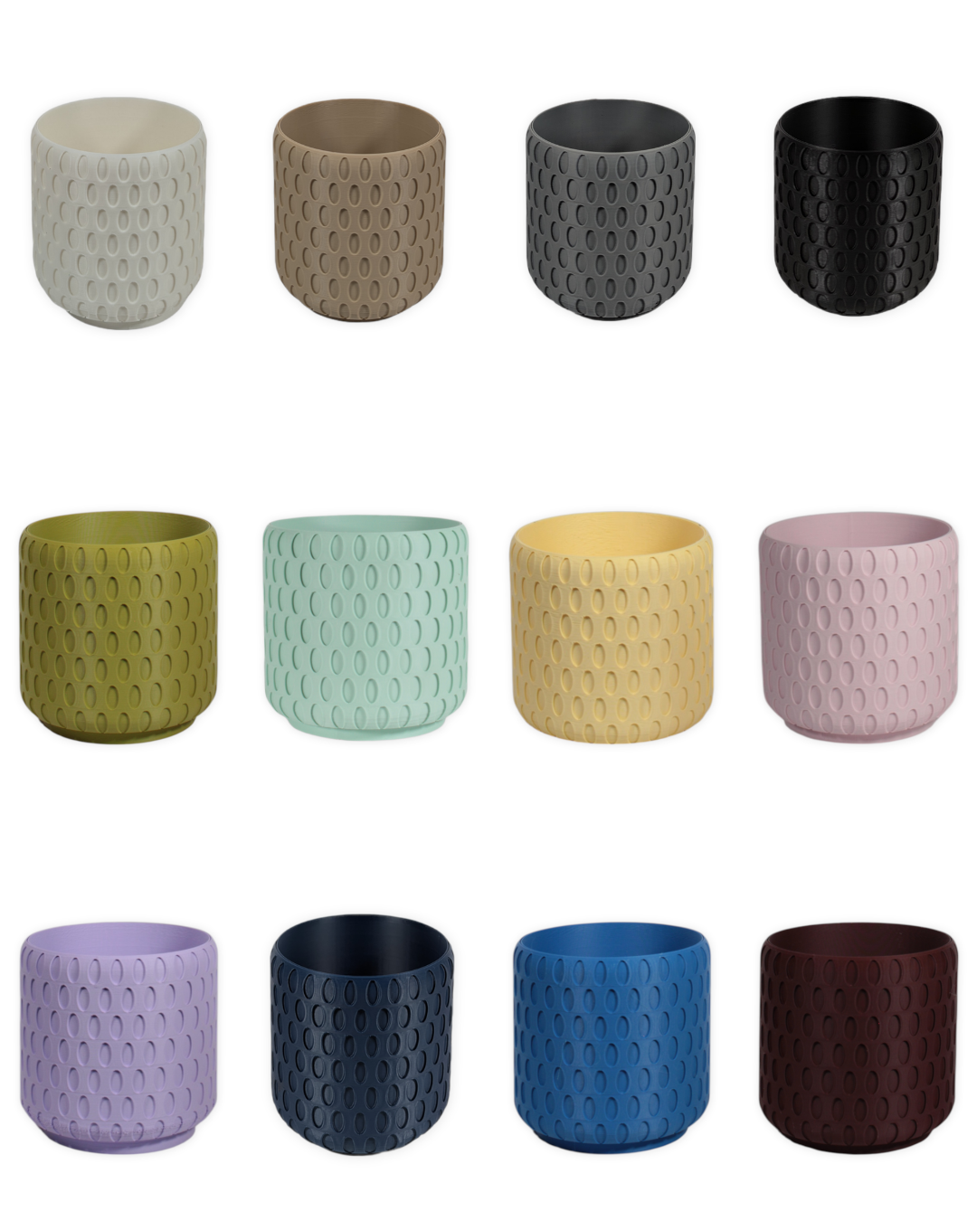 12 color options for The Bud 4 inch eco-friendly planter by Leafprints 3d, displayed in a 3x4 grid in White, Beige, Grey, Black, Bamboo, Sage, Buttercup, Peony, Lilac, Navy, Sapphire Blue, and Oxblood.