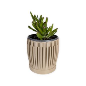 The Leaf 3.5 inch Planter eco-friendly 3D-printed planter with alternating height vertical lines in beige with a drip tray and plant