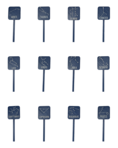 12 Astrological Signs in a grid displaying Leafprints 3d celestial zodiac constellation plant markers and labels