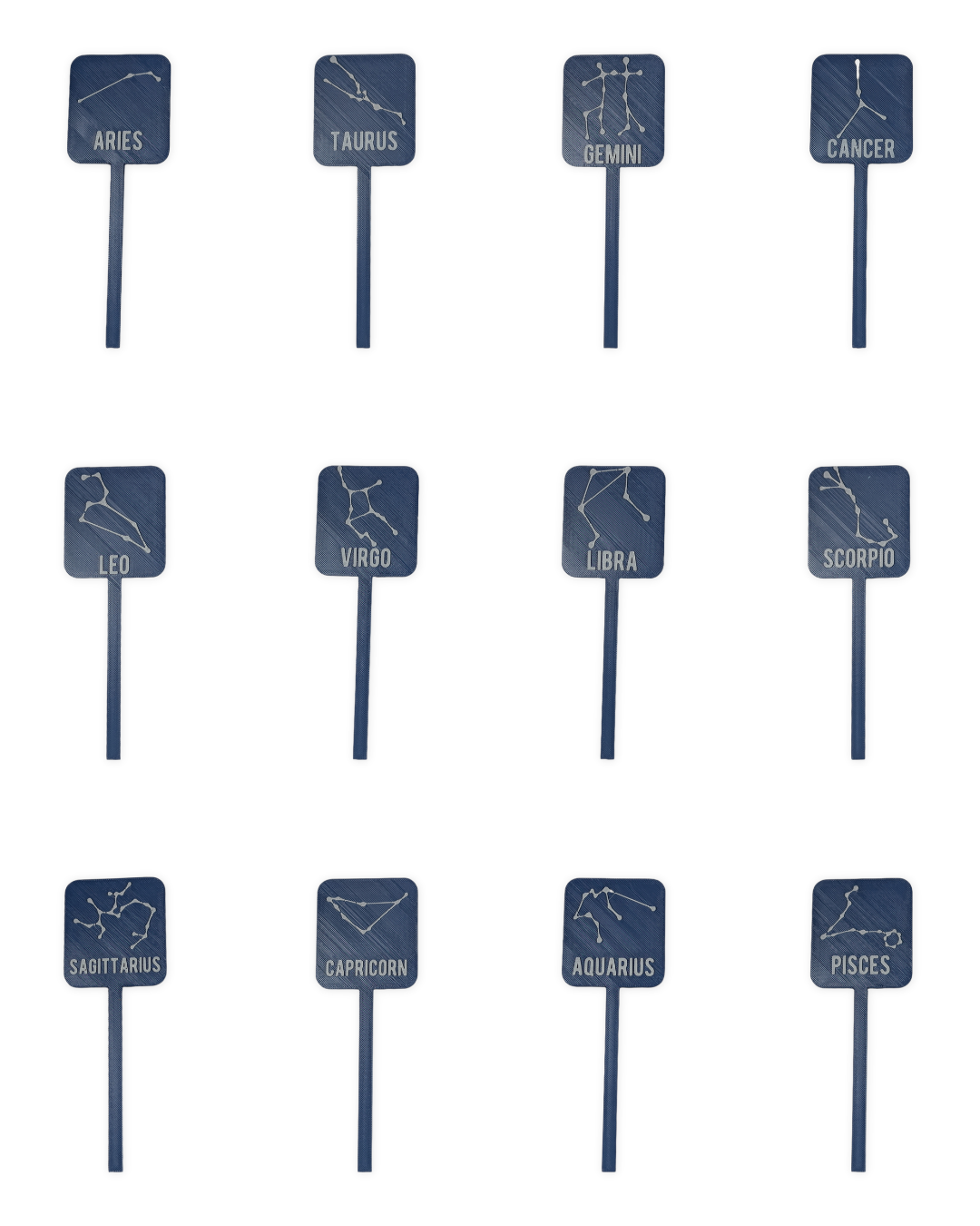 12 Astrological Signs in a grid displaying Leafprints 3d celestial zodiac constellation plant markers and labels