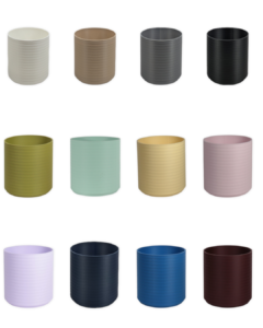 12 color options for The Talipot 4 inch eco-friendly planter by Leafprints 3d, displayed in a 3x4 grid in White, Beige, Grey, Black, Bamboo, Sage, Buttercup, Peony, Lilac, Navy, Sapphire Blue, and Oxblood.