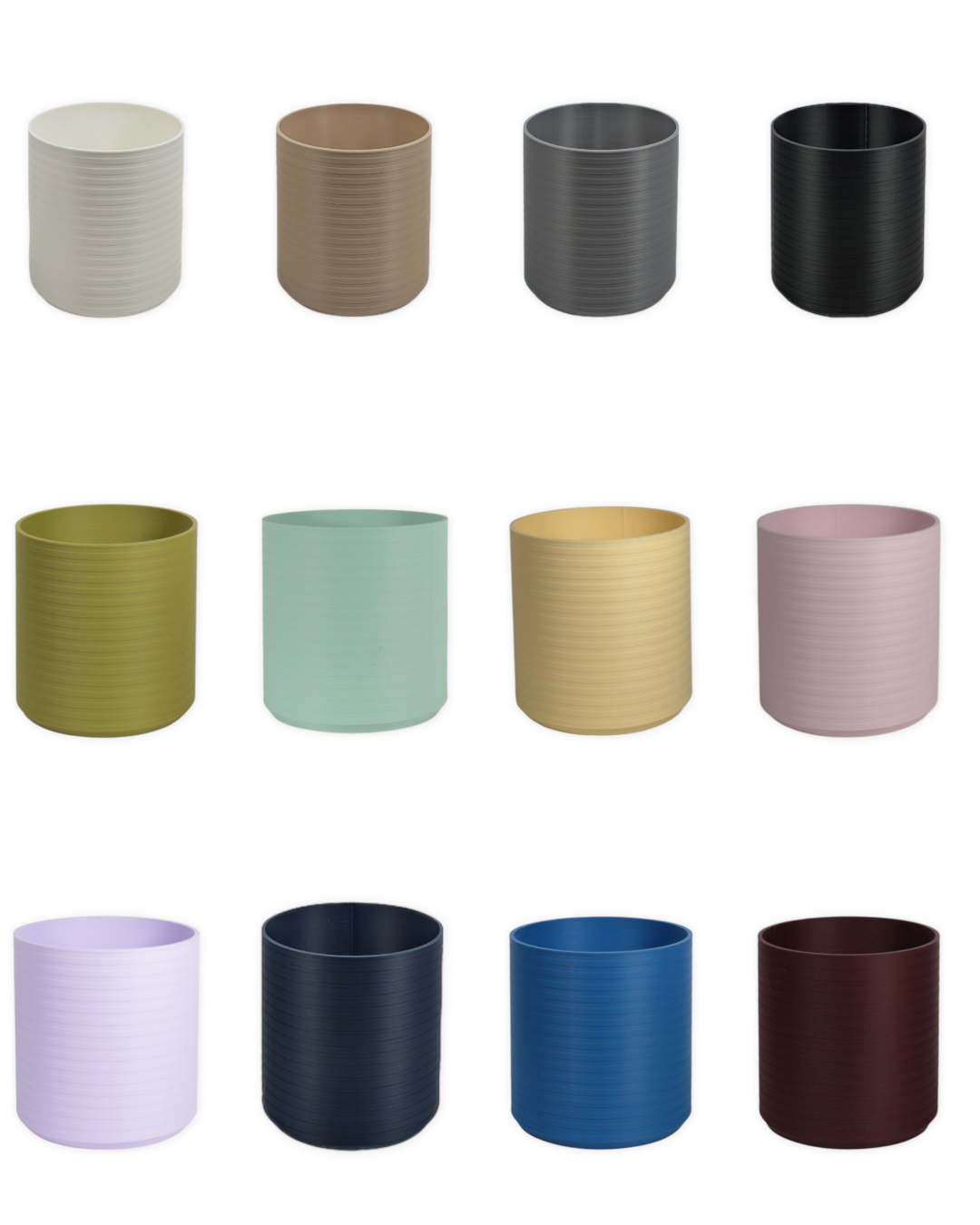 12 color options for The Talipot 4 inch eco-friendly planter by Leafprints 3d, displayed in a 3x4 grid in White, Beige, Grey, Black, Bamboo, Sage, Buttercup, Peony, Lilac, Navy, Sapphire Blue, and Oxblood.