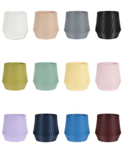 12 color options for The Samara 3.5 inch eco-friendly planter by Leafprints 3d, displayed in a 3x4 grid in White, Beige, Grey, Black, Bamboo, Sage, Buttercup, Peony, Lilac, Navy, Sapphire Blue, and Oxblood.